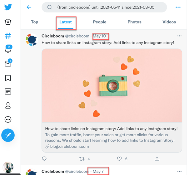 Latest tab will display all filtered tweets starting from the most recent.