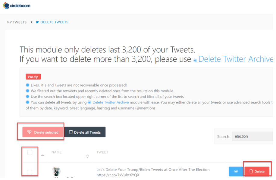 It is possible to indivudually delete old tweets here with trash icon button