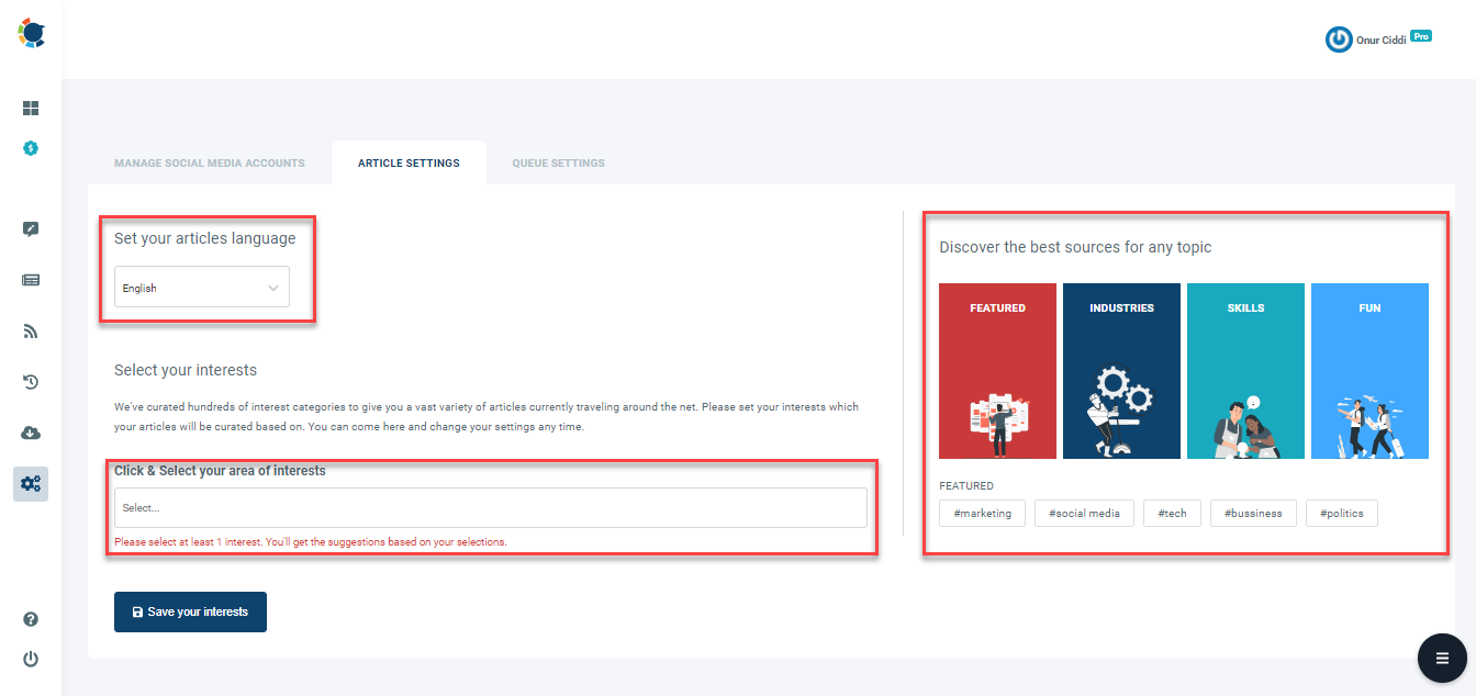 With Circleboom’s Article Curator, you can find related articles about interest areas. All you need to do is to define your preferred language and select your topics of interest.