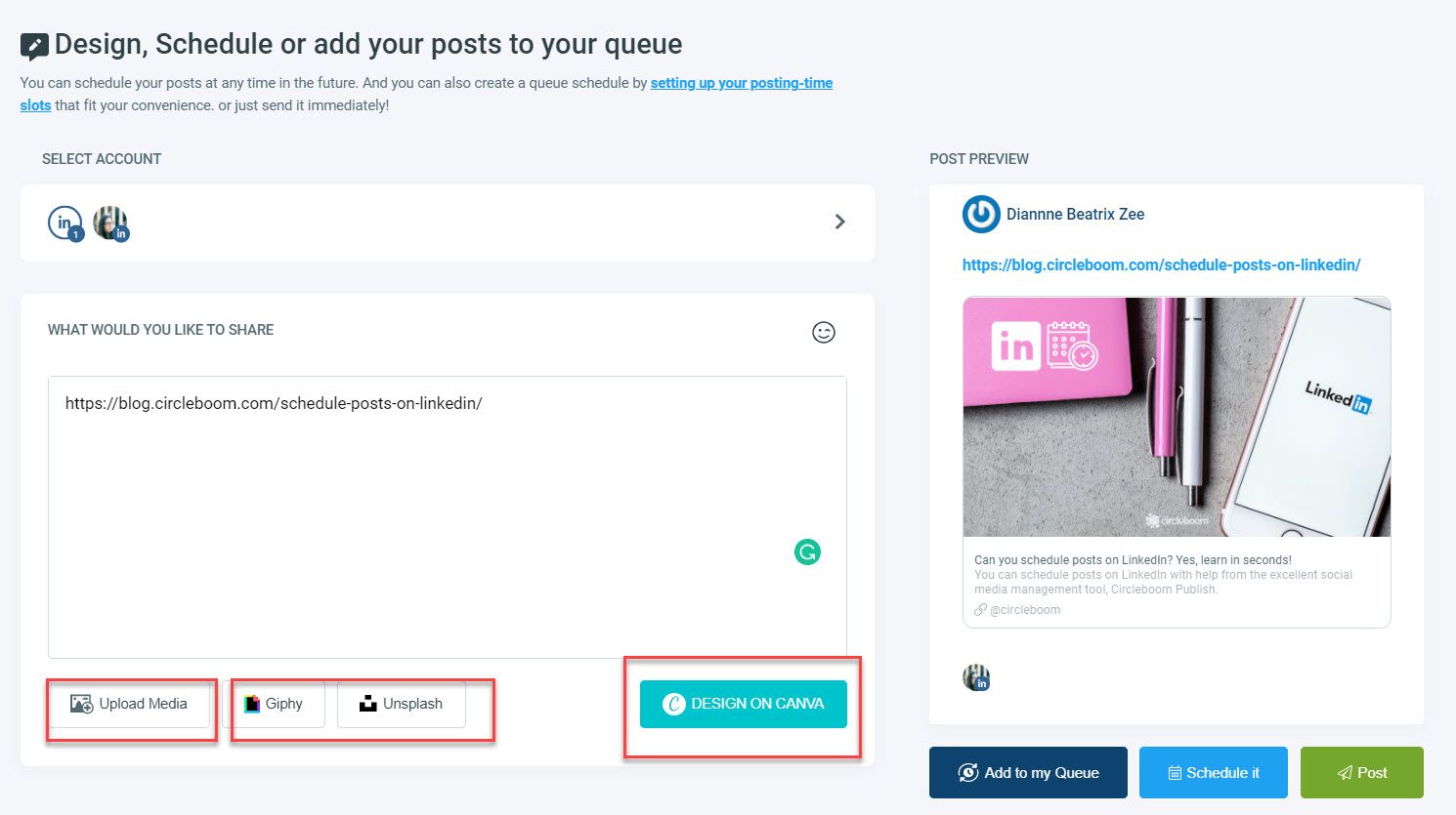 Design content with Canva or write your post caption and schedule!