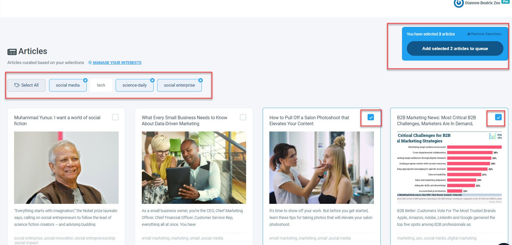 You will just need to tick the boxes of articles you liked to add your queue