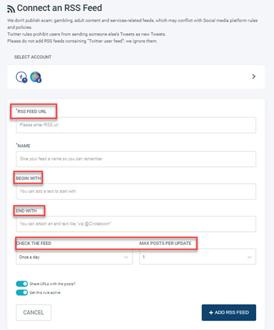 RSS feed automation on Circleboom Publish