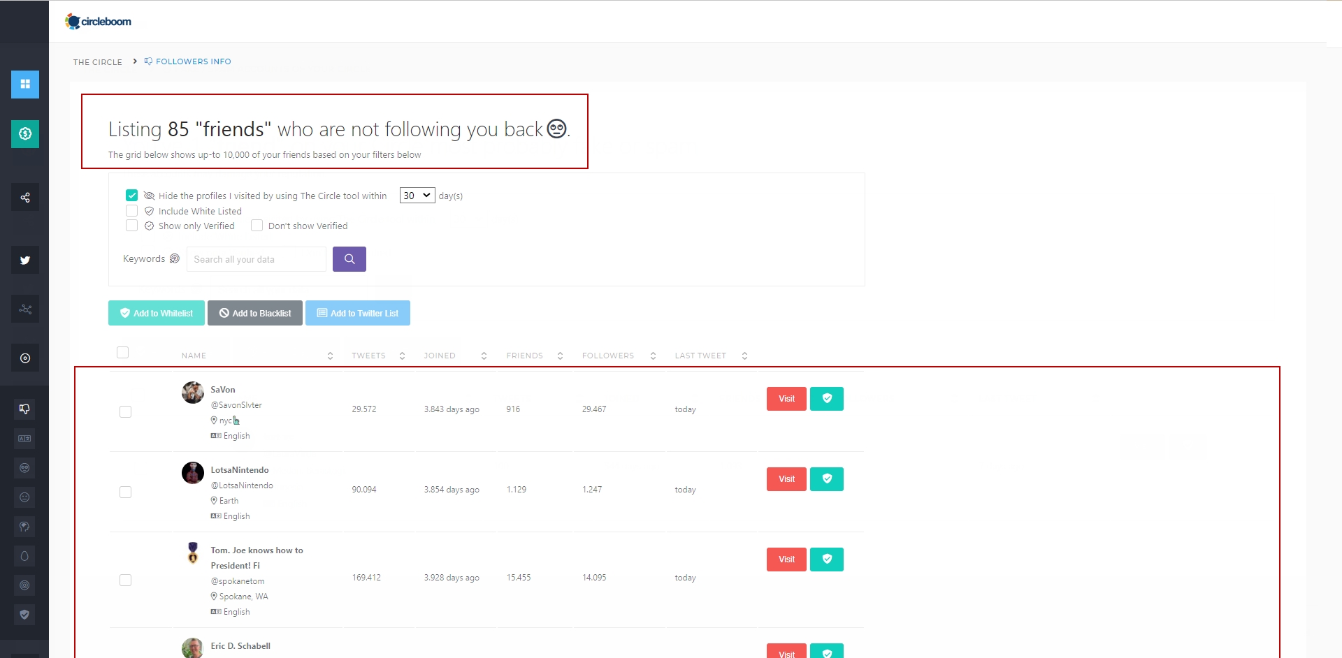 Just like you can check who follows who on Twitter, you can also find out who does not follow you back and who unfollowed you with Circleboom Twitter.
