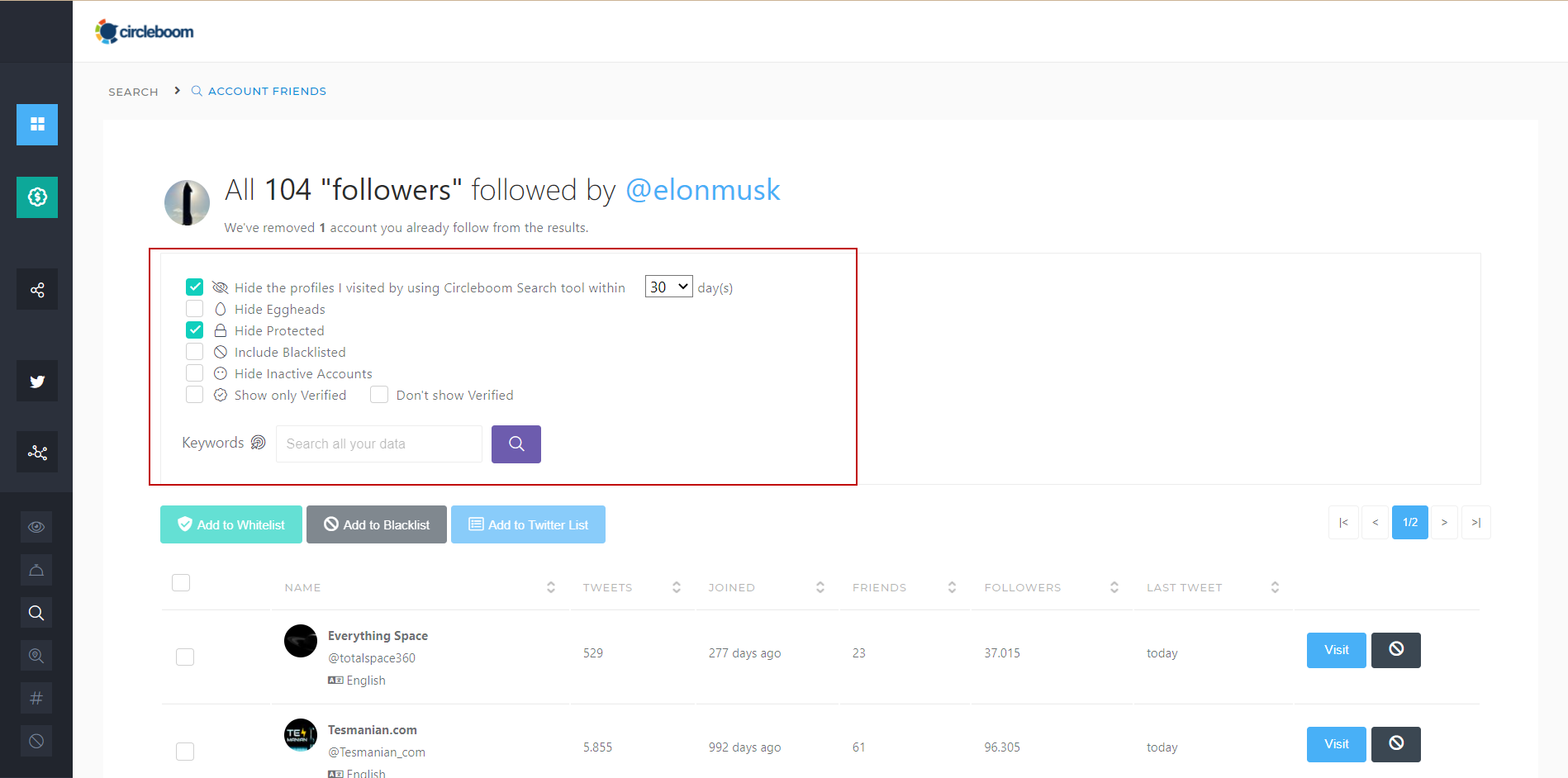You may also see who follows who on Twitter without eggheads, inactive accounts, or private accounts by using the filtering tools at the top of the dashboard.