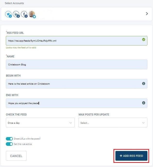 Circleboom Publisher allows to determine feed check intervals and max post per update