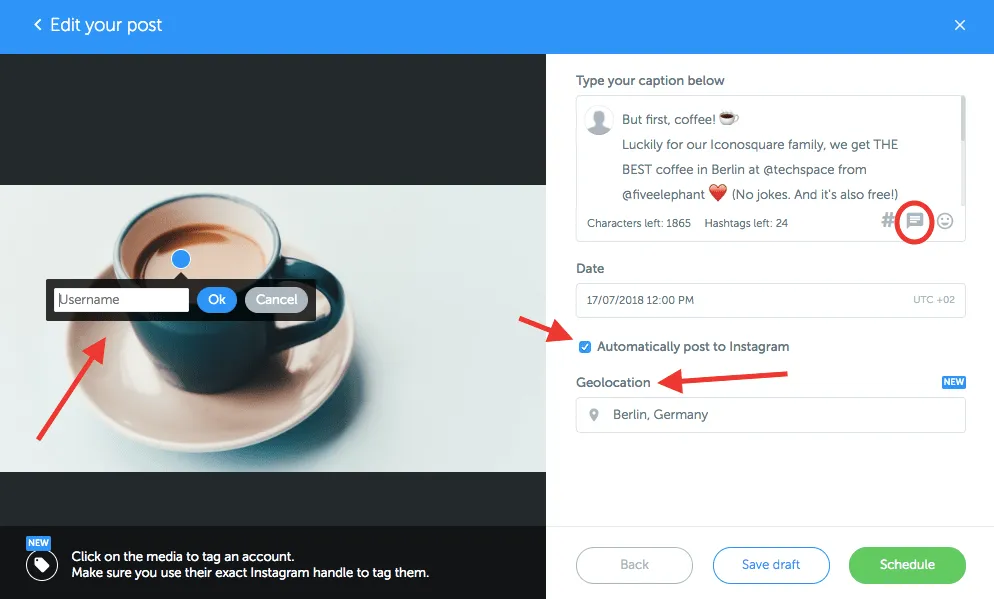 This one shows how to schedule Instagram posts with Iconsoquare