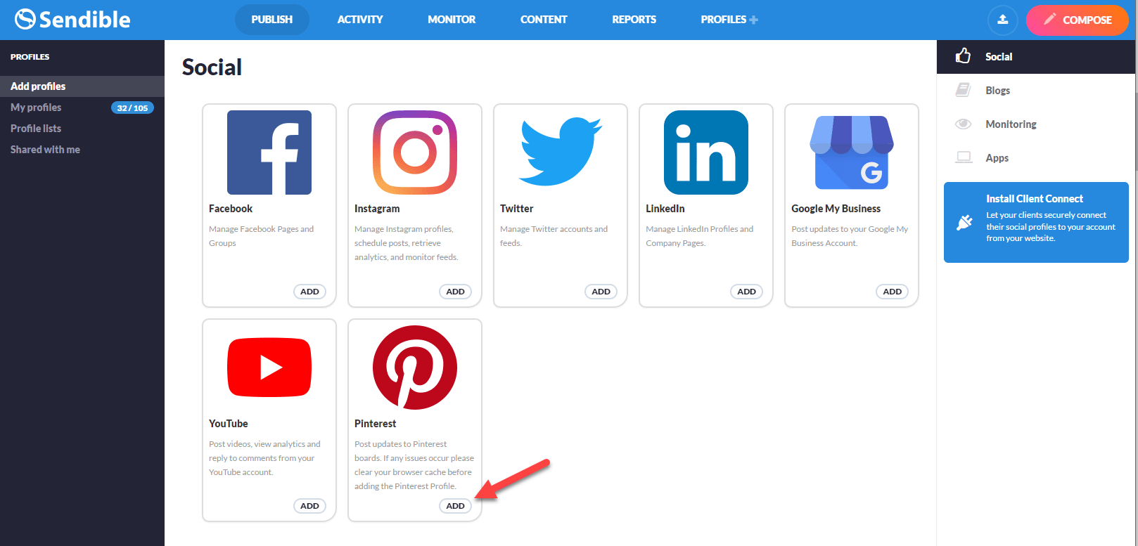 Sendible Social Dashboard shows all your connected accounts in one place