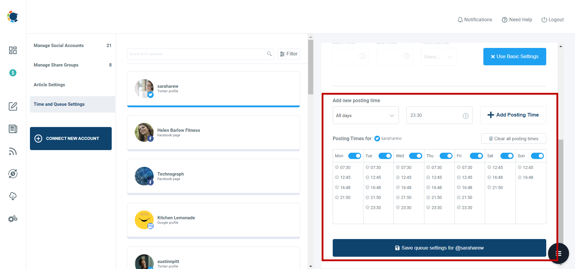 Set your time intervals ad bulk schedule your tweets.