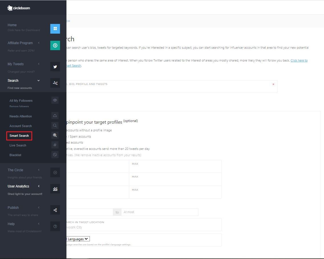 Smart Search menu on Circleboom Twitter