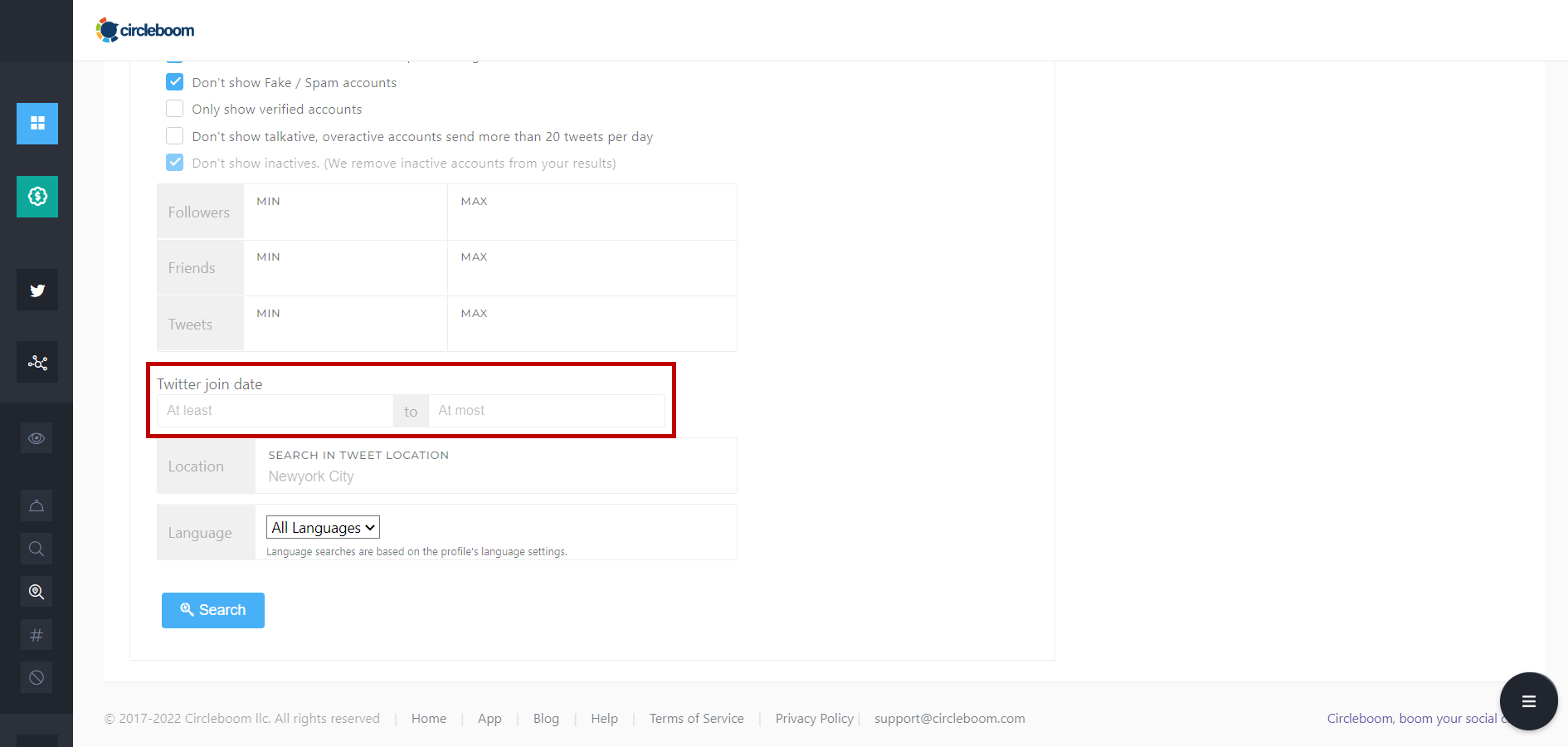 Join date filter for Twitter accounts