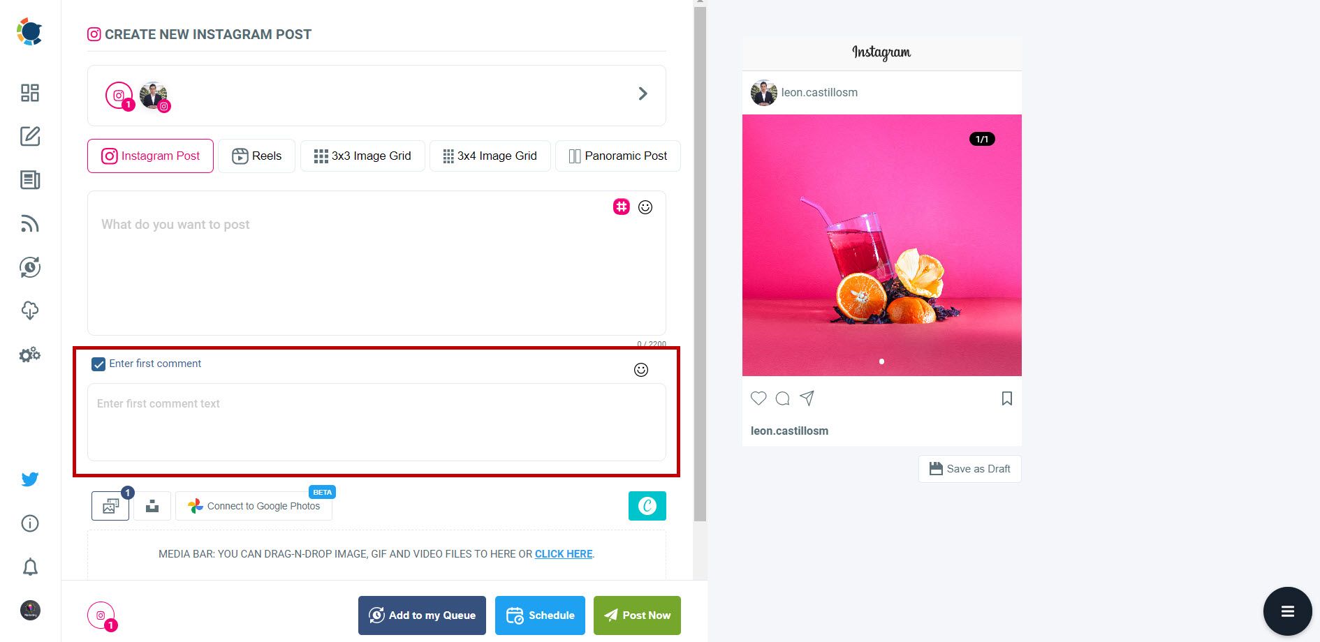Enter first comment to your Instagram posts.