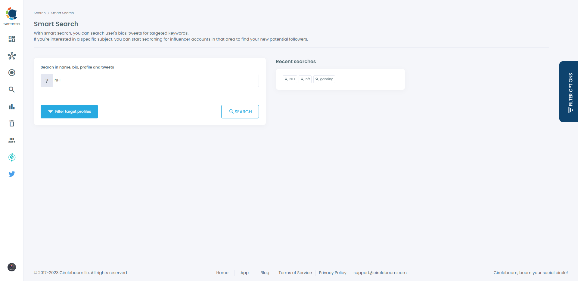Conducting a smart search on Circleboom for the keyword "NFT."