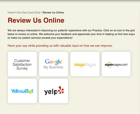 To make it simpler for your customers, you should integrate clickable links as you request for Google My Business reviews. | Source: Harrison Eye Care