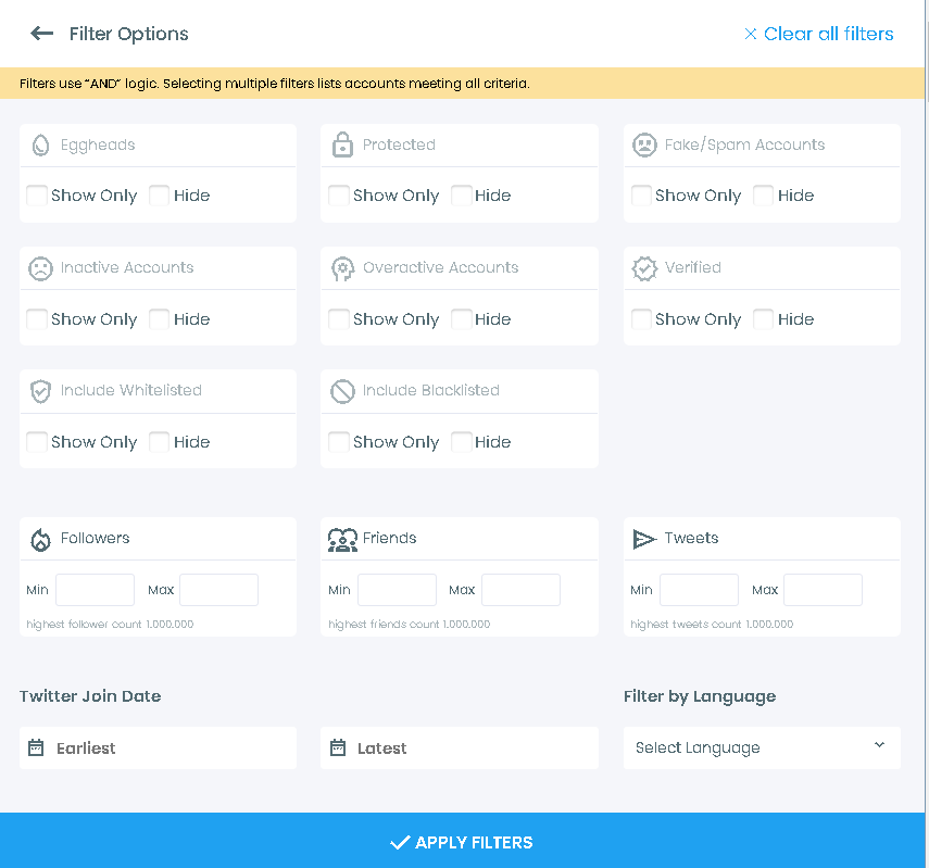 Circleboom offers advanced Twitter account search filters.