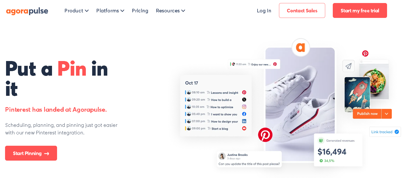 Agorapulse facilitates Pinterest automation with AI-assisted pin scheduling.