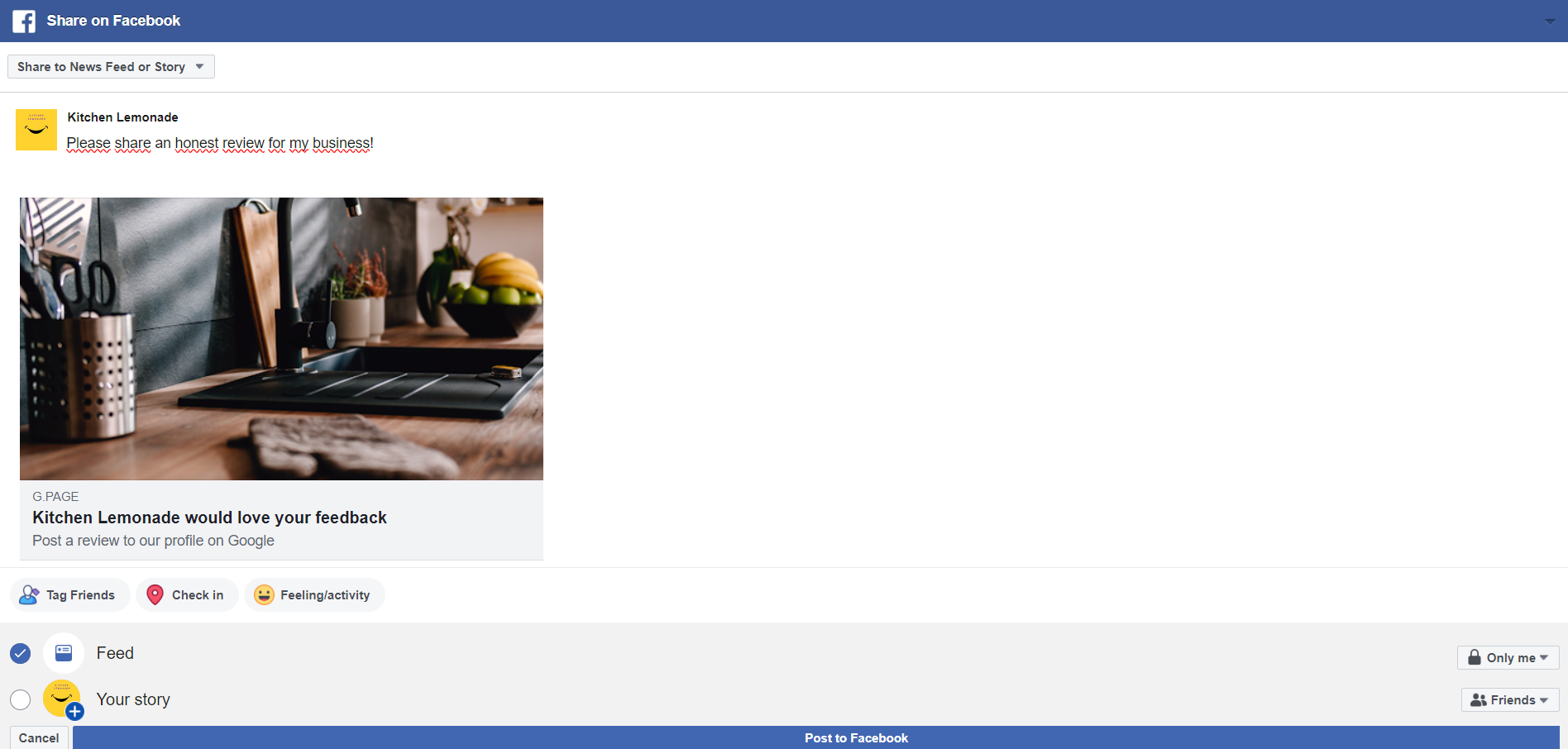 Share Google review requests on Facebook