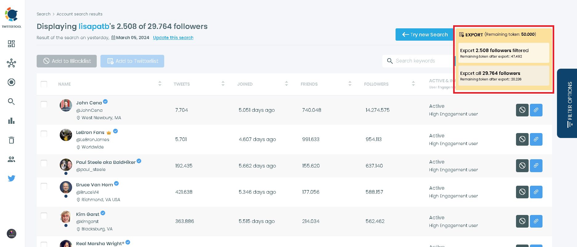 Export Twitter accounts to see all followers of a Twitter account.