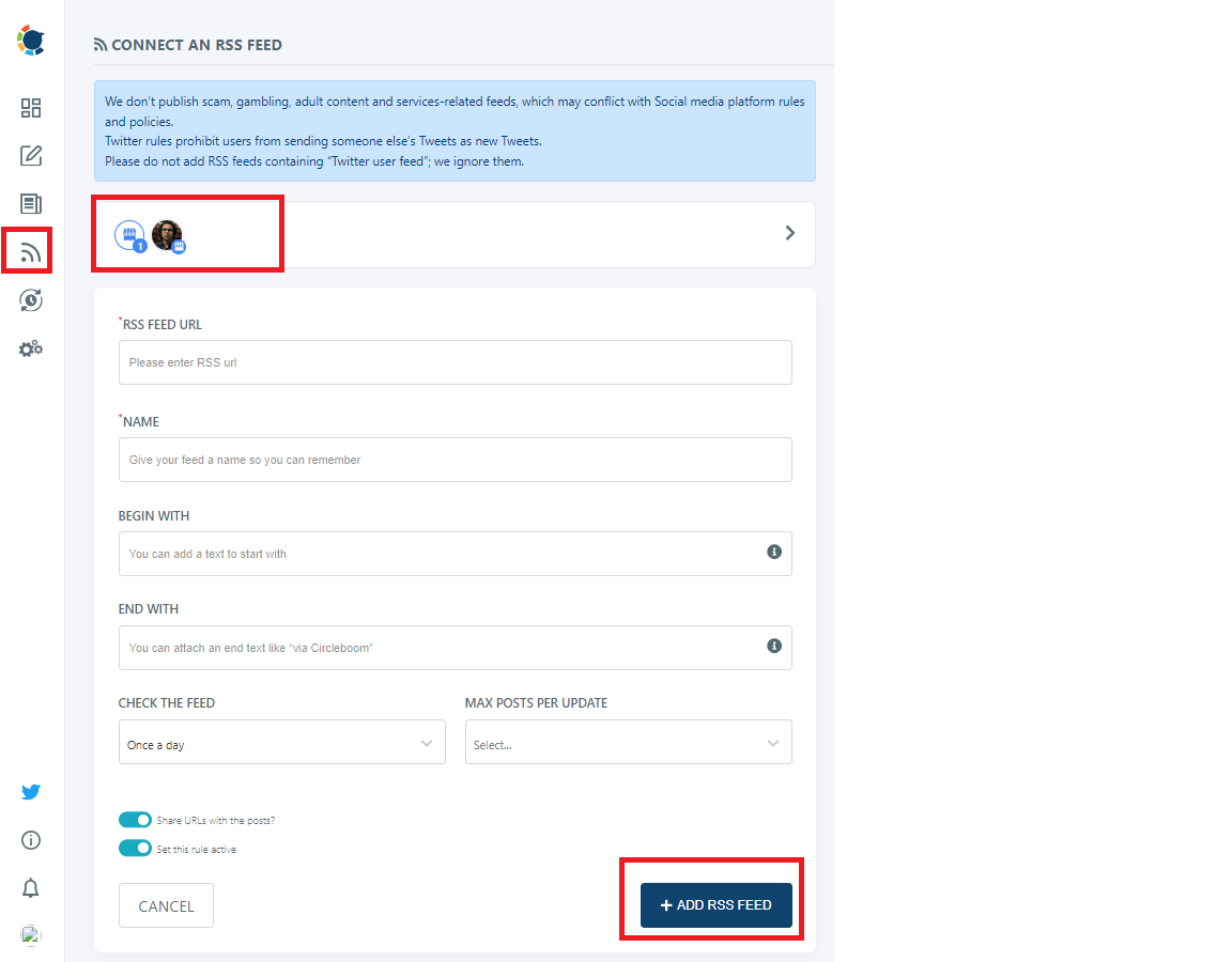 Add RSS Feed button