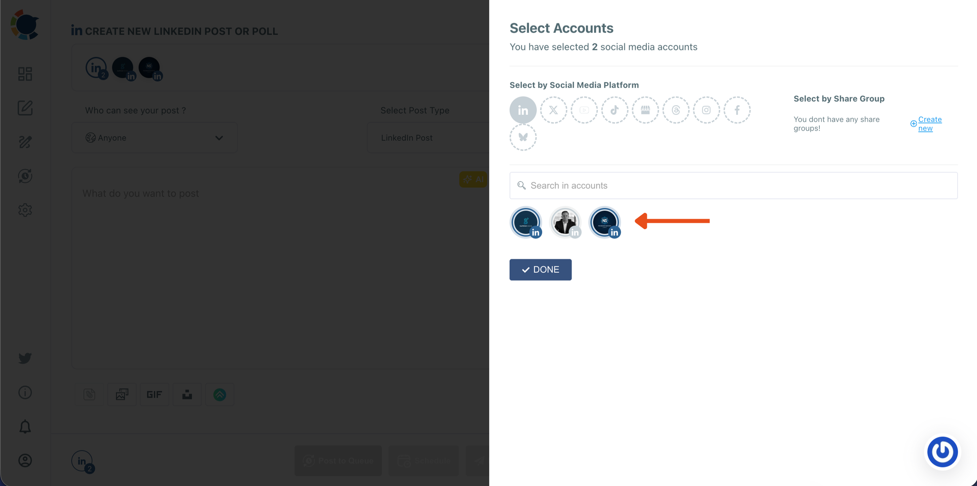 Select the LinkedIn account(s) you want to publish from 