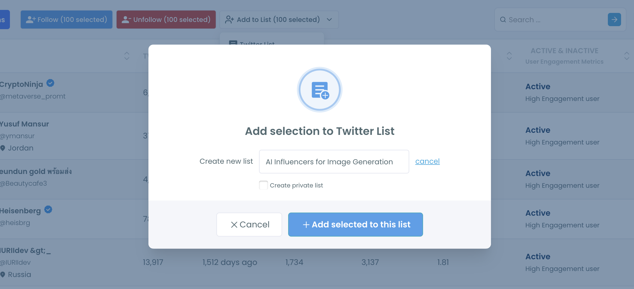 Add selection to Twitter List