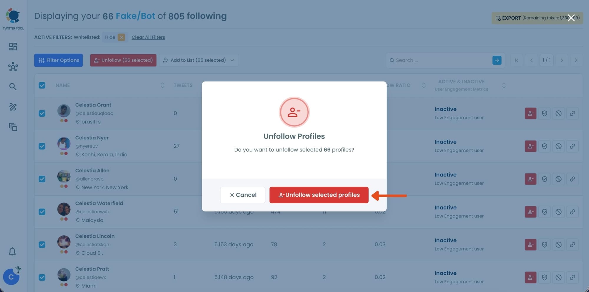 Unfollow selected profiles
