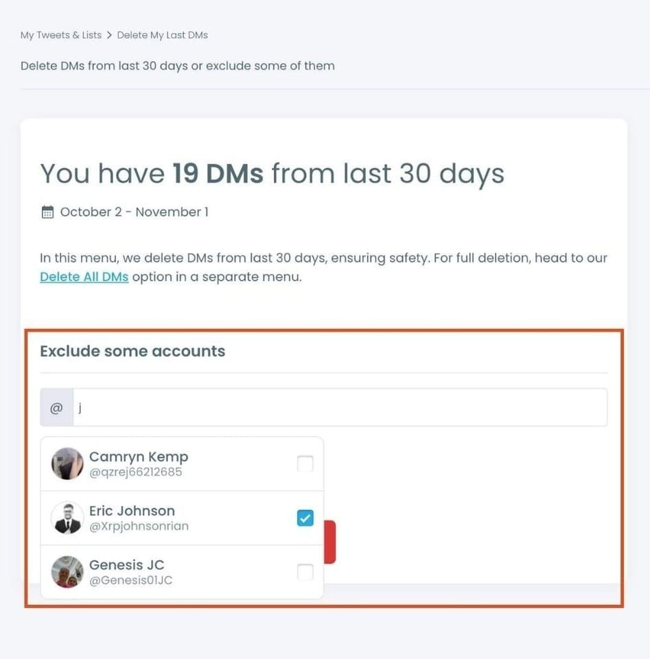 Exclude same accounts before DM deletion