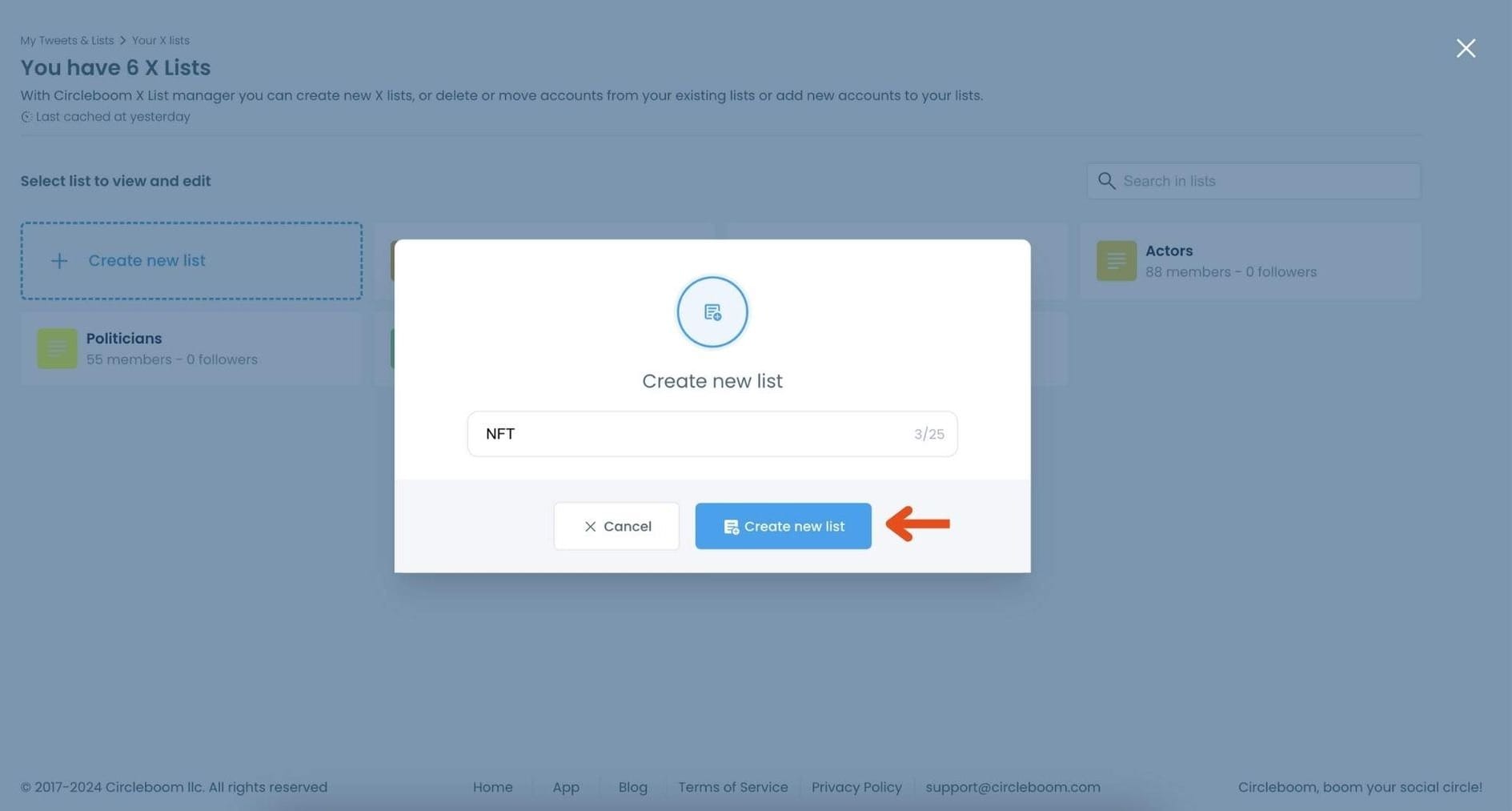 Pop-up to create a new list named 'NFT' with 'Create new list' button highlighted