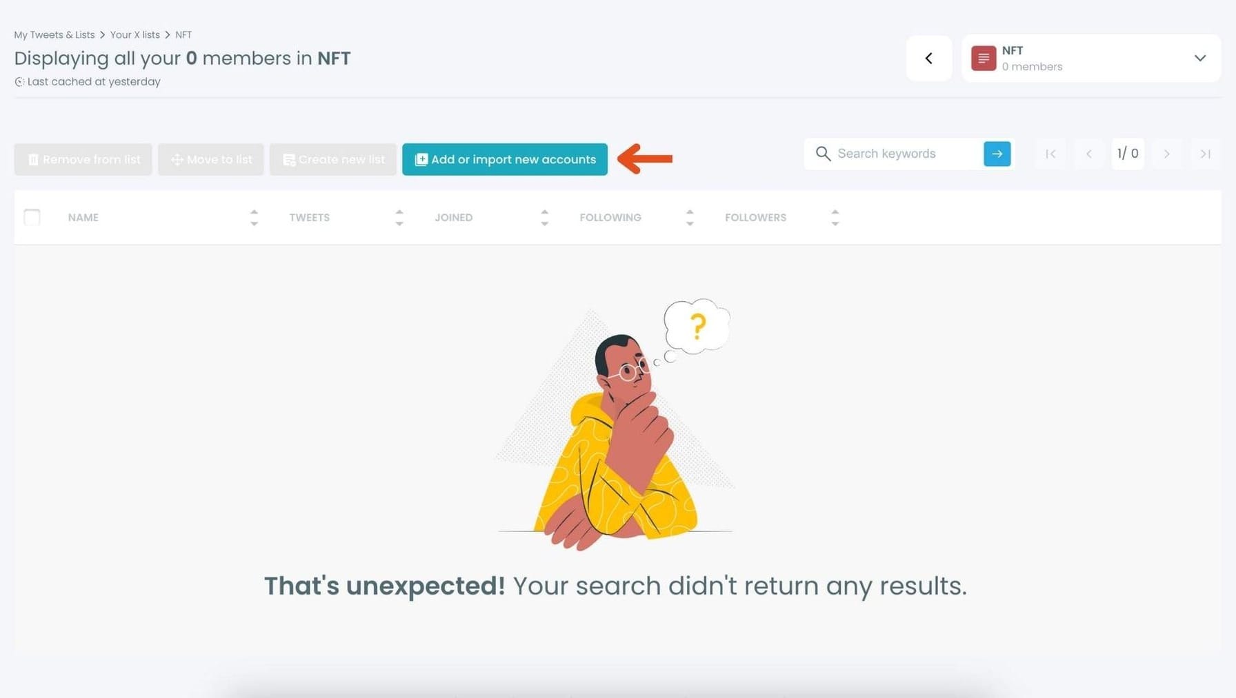 Empty NFT list with 'Add or import new accounts' button highlighted